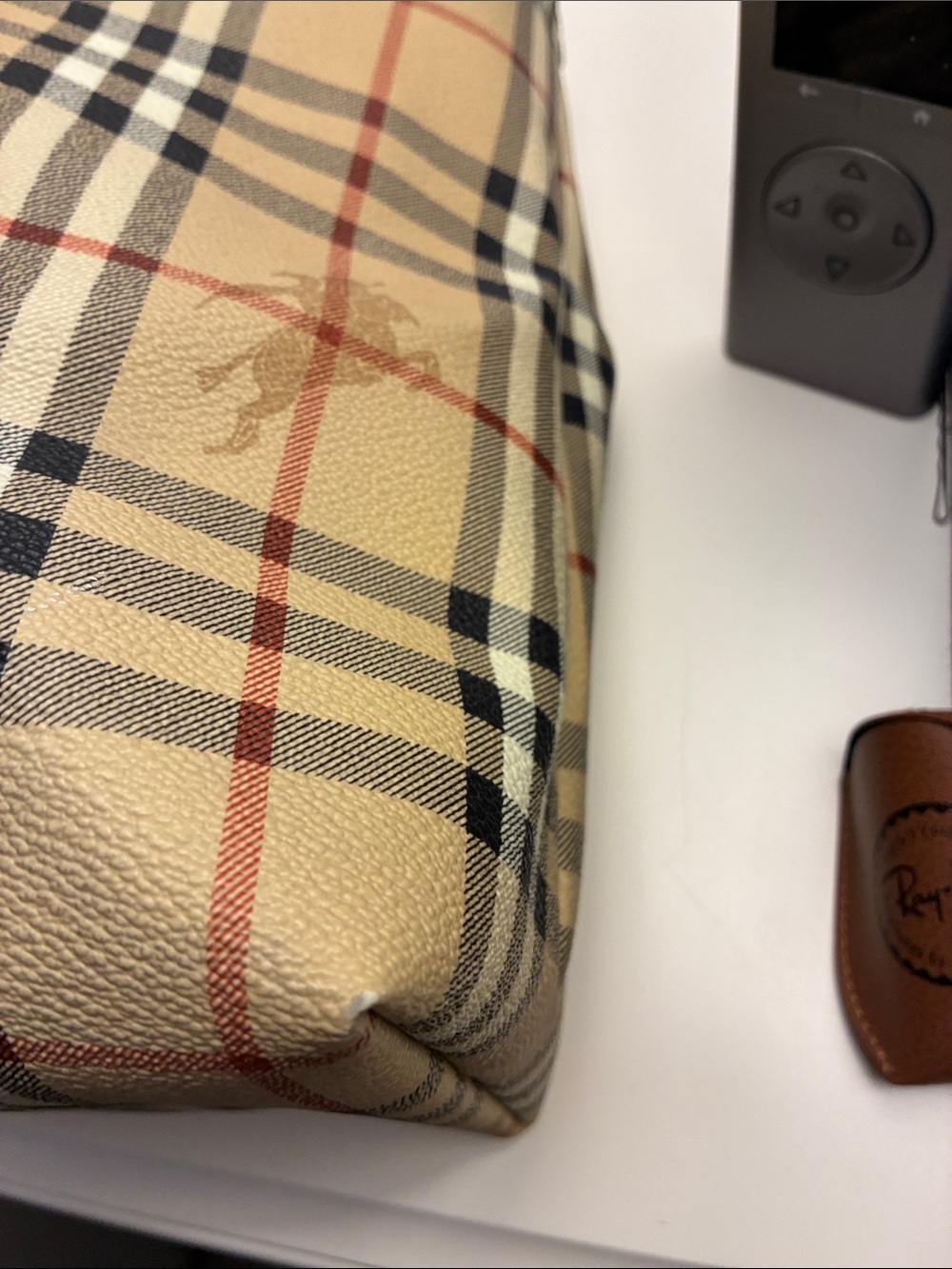 Burberry Beige Plaid Tote with Brown Leather Pocket - Picture 9 of 13